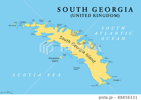 South Georgia, political map. Part of the British Overseas Territory of South Georgia and the South Sandwich Islands. Group of islands in the South Atlantic Ocean and Scotia Sea. Illustration. Vector. 88856331