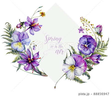 Hand Drawn Watercolor Floral Decoration Isolated on White. Spring Flowers Arrangement in Vintage Style. 88856947
