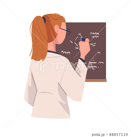 Woman Scientist Character in White Coat Writing Formula on Blackboard Vector Illustration 88857119