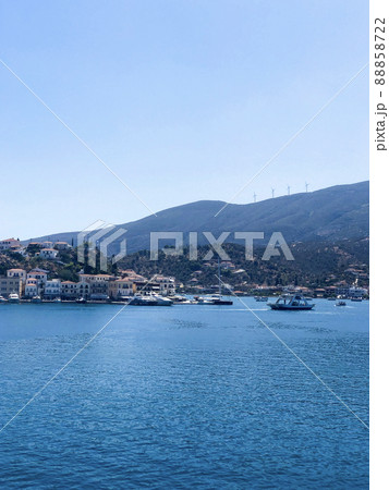 Summer Travel Vacation. View On Beautiful Beach On Greece Shore. Summer Travel Vacation. View On Beautiful Beach On Greece Shore. 88858722