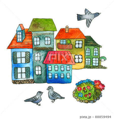 Watercolor illustration Houses in a small town in nature with pigeons 88859494