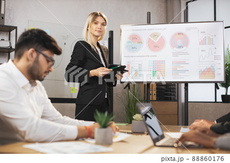 Beautiful confident businesswoman lady, showing her financial ad sales report on big digital screen 88860176