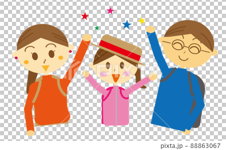 夏休みなどの長期休暇に家族旅行に出かける親子のイラスト。子供・夫婦・出発・やる気ポーズ・楽しい 夏休みなどの長期休暇に家族旅行に出かける親子のイラスト。子供・夫婦・出発・やる気ポーズ・楽しい 88863067