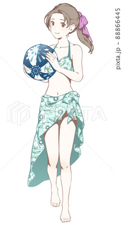 ビーチボールを持った水着姿の女性(笑顔) 88866445