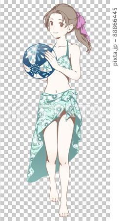 一個穿著泳裝的女人拿著沙灘球（微笑） 88866445