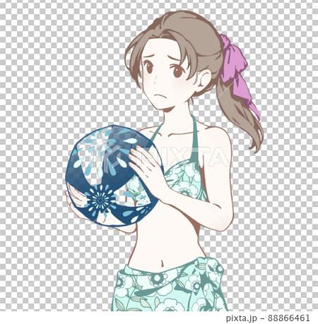 ビーチボールを持った水着姿の女性(むっと困り顔/もう…) 88866461