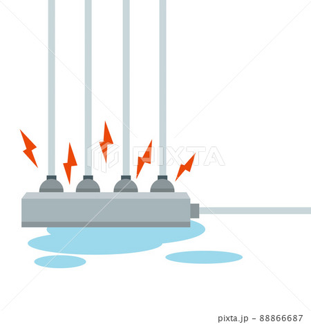 Wet cables and connectors. Water puddle and fire safety. Home appliance. Yellow and red sparks of lightning. Dangerous socket. Cartoon flat illustration. The problem with electricity 88866687