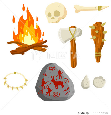 Set of stone age man. Caveman weapons for hunting and life. 88866690