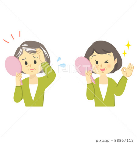 イラスト素材セット：ヘアケア　シニア女性が白髪で老化を鏡で見て悩む姿、毛染め姿　ビフォーアフター 88867115