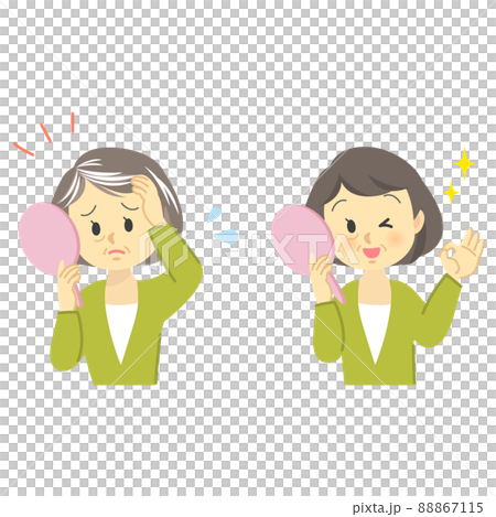 插圖素材集：頭髮護理 頭髮花白的高級女性擔心鏡子裡的衰老，前後染髮 88867115