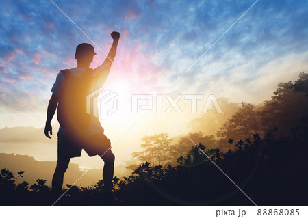Silhouette of man celebration success happiness on sunset evening sky background 88868085