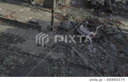 Post apocalyptic cityscape 3d illustration top view 88868374