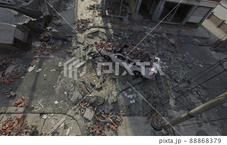 Post apocalyptic cityscape 3d illustration top view Post apocalyptic cityscape 3d illustration top view 88868379