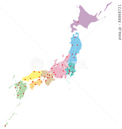 分割できる日本地図　地方色分け