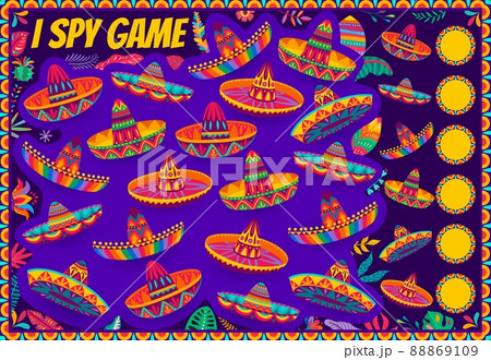Cartoon mexican sombrero hats. I spy game. Vector riddle worksheet with mariachi caps. Educational puzzle, development of numeracy skills and attention, worksheet page with traditional mexican hats 88869109