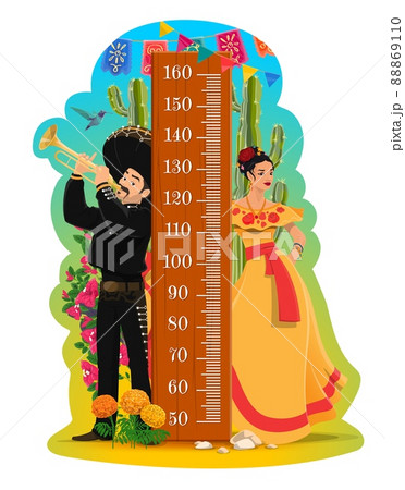 Kids height chart, Mexican mariachi and woman vector growth meter for children height measurement. Cartoon stadiometer ruler wall sticker with Mexico musician, cactuses, marigolds, papel picado flags Kids height chart, Mexican mariachi and woman vector growth meter for children height measurement. Cartoon stadiometer ruler wall sticker with Mexico musician, cactuses, marigolds, papel picado flags 88869110