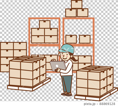 A female worker holding a tablet in a warehouse. 88869128