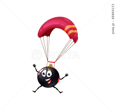 Cartoon cute currant character skydiving with parachute, vector berry on sport. Funny black currant flying on parachute or sky diving activity, kids personage for vitamin food or emoticon 88869153
