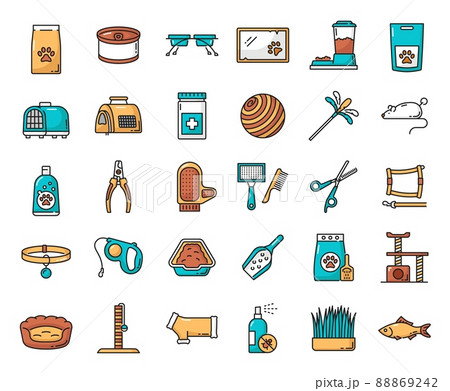 Cat and kitten pet care color outline vector icons, grooming and veterinary health, food and toys. Pets care line icons of feeding bowl, cat collar and leash, mouse and ball with cushion and scissors Cat and kitten pet care color outline vector icons, grooming and veterinary health, food and toys. Pets care line icons of feeding bowl, cat collar and leash, mouse and ball with cushion and scissors 88869242