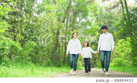 森林の中を手を繋いで歩く親子 ファミリー 子育て 自然環境 森林の中を手を繋いで歩く親子 ファミリー 子育て 自然環境 88869452