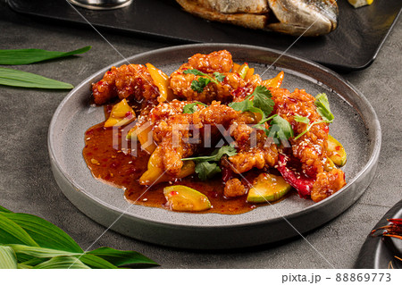 Cooked walleye fish with sweet and sour sauce 88869773