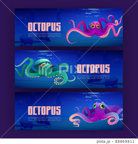Cartoon banners with giant ocean octopuses, flyers 88869811