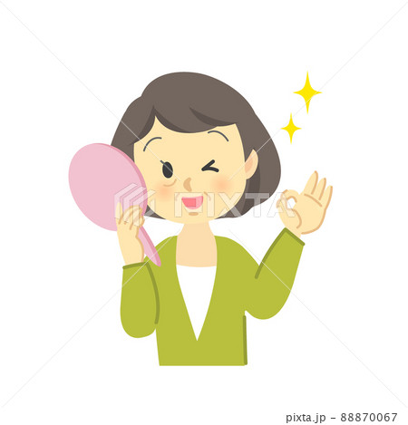 イラスト素材セット：ヘアケア　シニア女性がヘアスタイルを鏡で見て喜ぶ姿、毛染め後　ビフォーアフター 88870067