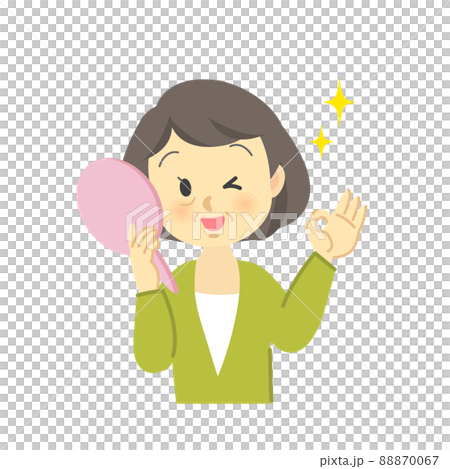 イラスト素材セット：ヘアケア　シニア女性がヘアスタイルを鏡で見て喜ぶ姿、毛染め後　ビフォーアフター 88870067