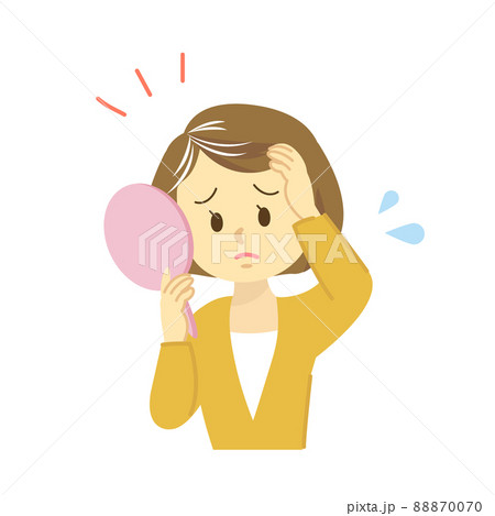 イラスト素材セット：ヘアケア　若い女性が白髪で老化を鏡で見て悩む姿、毛染め前　ビフォーアフター 88870070