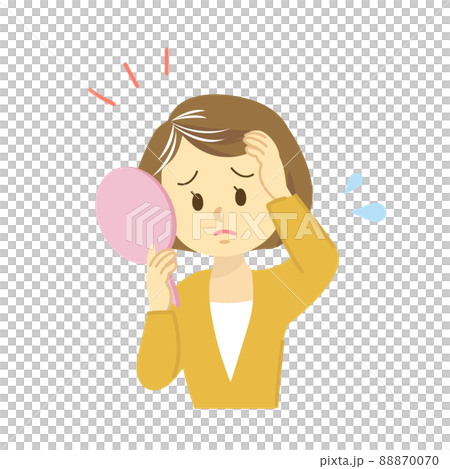 イラスト素材セット：ヘアケア　若い女性が白髪で老化を鏡で見て悩む姿、毛染め前　ビフォーアフター 88870070