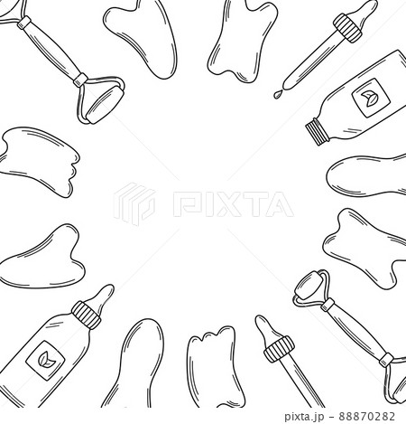A set of trendy gua sha scrapers made of natural stone and cosmetic oil, roller massager for facial care. Vector illustration skin care concept 88870282