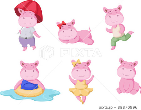 Cute hippos cartoon collection with different activities Cute hippos cartoon collection with different activities 88870996