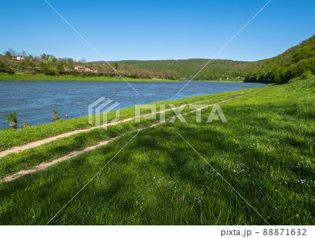 Amazing spring view on the Dnister River Canyon. View from Nezvysko village blossoming river coast,.Ivano-Frankivsk region, Ukraine 88871632
