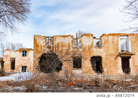 War ruins. Destroyed city after the bombing. Dead city. Bombed buildings. War ruins. Destroyed city after the bombing. Dead city. Bombed buildings. 88872074