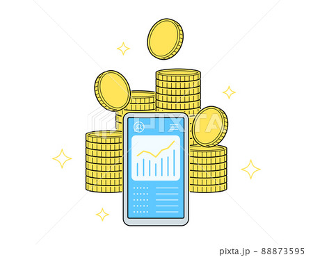 スマートフォンとお金のイラスト オンラインでの口座管理や資産運用 アプリでグラフや明細を表示 のイラスト素材
