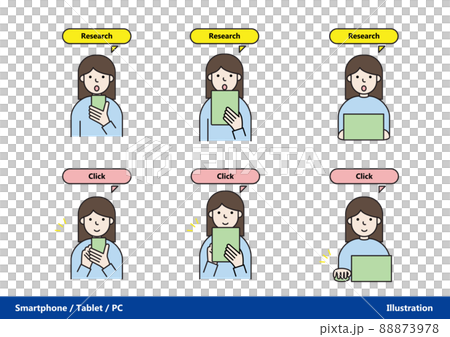 Female illustration set using smartphones, tablets and computers 88873978