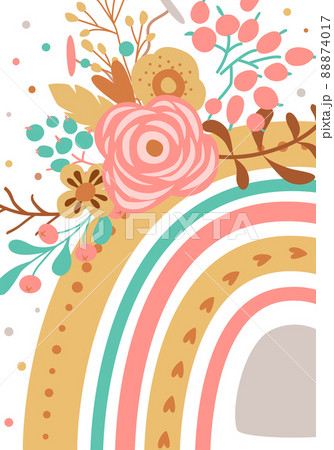 Floral rainbow poster. Baby pink rainbow background. Children birthday party banner. Vector pink nature illustration. Floral rainbow poster. Baby pink rainbow background. Children birthday party banner. Vector pink nature illustration. 88874017