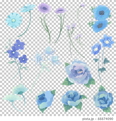 手描きイラスト　創作　ライトブルーフラワー オリジナル手描きイラスト 創作 水彩画 アナログイラスト 女性 月