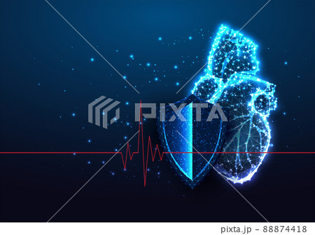Futuristic heart protection, cardiology concept banner with glowing anatomical heart and shield 88874418