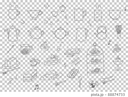 Tea time tea set sweets handwritten illustration set 88874733