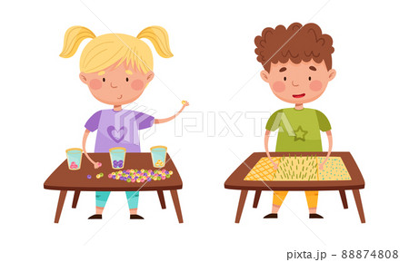 Creative kids playing Montessori educational games set. Cute girl and boy standing at table playing with different objects cartoon vector illustration Creative kids playing Montessori educational games set. Cute girl and boy standing at table playing with different objects cartoon vector illustration 88874808