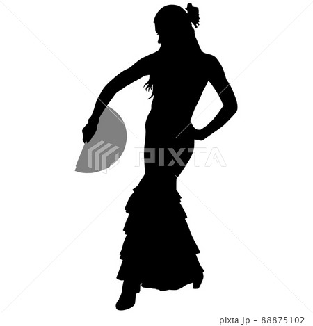 Silhouette of slender flamenco dancer in beautiful dress and fan in her hand 88875102