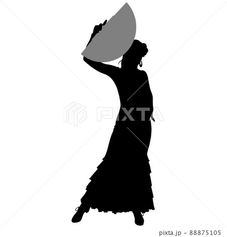 Black silhouette of slender flamenco dancer in beautiful dress and fan in her hand 88875105