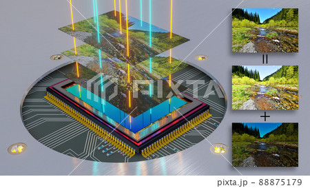 HDR photography principle explanation - normal, overexposed and underexposed image landscape layers with imaginary rays of light and digital camera sensor on printed circuit board, 3D rendering and HDR photography principle explanation - normal, overexposed and underexposed image landscape layers with imaginary rays of light and digital camera sensor on printed circuit board, 3D rendering and 88875179