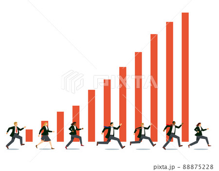 売上チャート棒グラフと走る多国籍人種の男女ビジネスマン8等身　ビジネスインフォグラフィックス 88875228