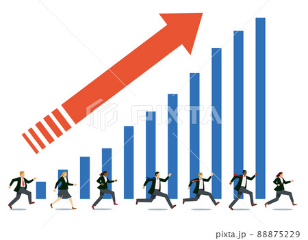 売上チャート棒グラフと走る多国籍人種の男女ビジネスマン8等身　ビジネスインフォグラフィックス 88875229