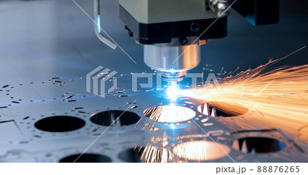 Cnc milling machine. Processing and laser cutting for metal in the industrial. Motion blur. Industrial exhibition of machine tools. 88876265