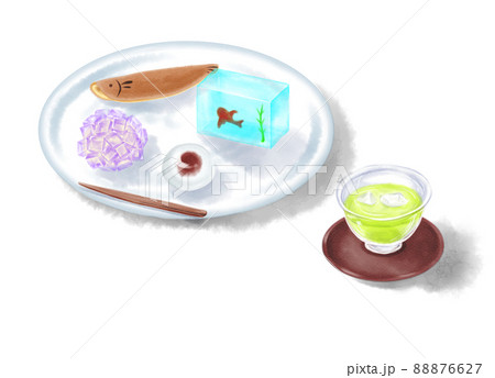 手描き水彩 冷茶と夏の和菓子セット 背景なしのイラスト素材