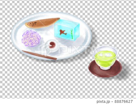 手描き水彩 冷茶と夏の和菓子セット 背景なし 手描き水彩 冷茶と夏の和菓子セット 背景なし 88876627