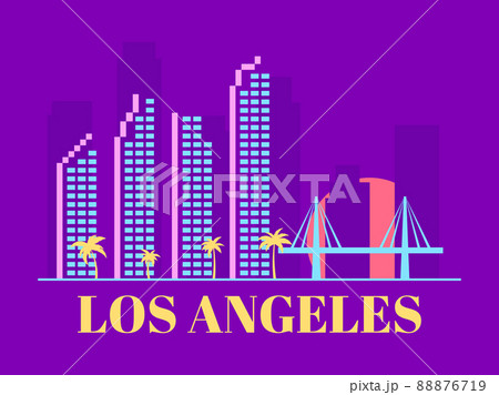 Los Angeles, California. Landscape at sunset with palm trees. City view with skyscrapers and a bridge. Los Angeles city skyline banner for print, poster and promotional items. Vector illustration 88876719